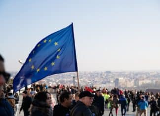 people on street with european union flag