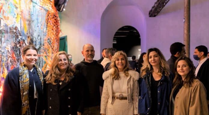 Photo: La directrice de Culture in Architecture Laetitia Wertheim, l’architecte et fondatrice de Culture in Architecture Aline Asmar d'Amman, le plasticien Ayman Baalbaki, la conservatrice du Patrimoine et commissaire du Pavillon Nada Ghandour, la cinéaste et vidéaste Danielle Arbid et la curatrice adjointe Dina Bizri. Photo by Federico Vespignani © LVAA