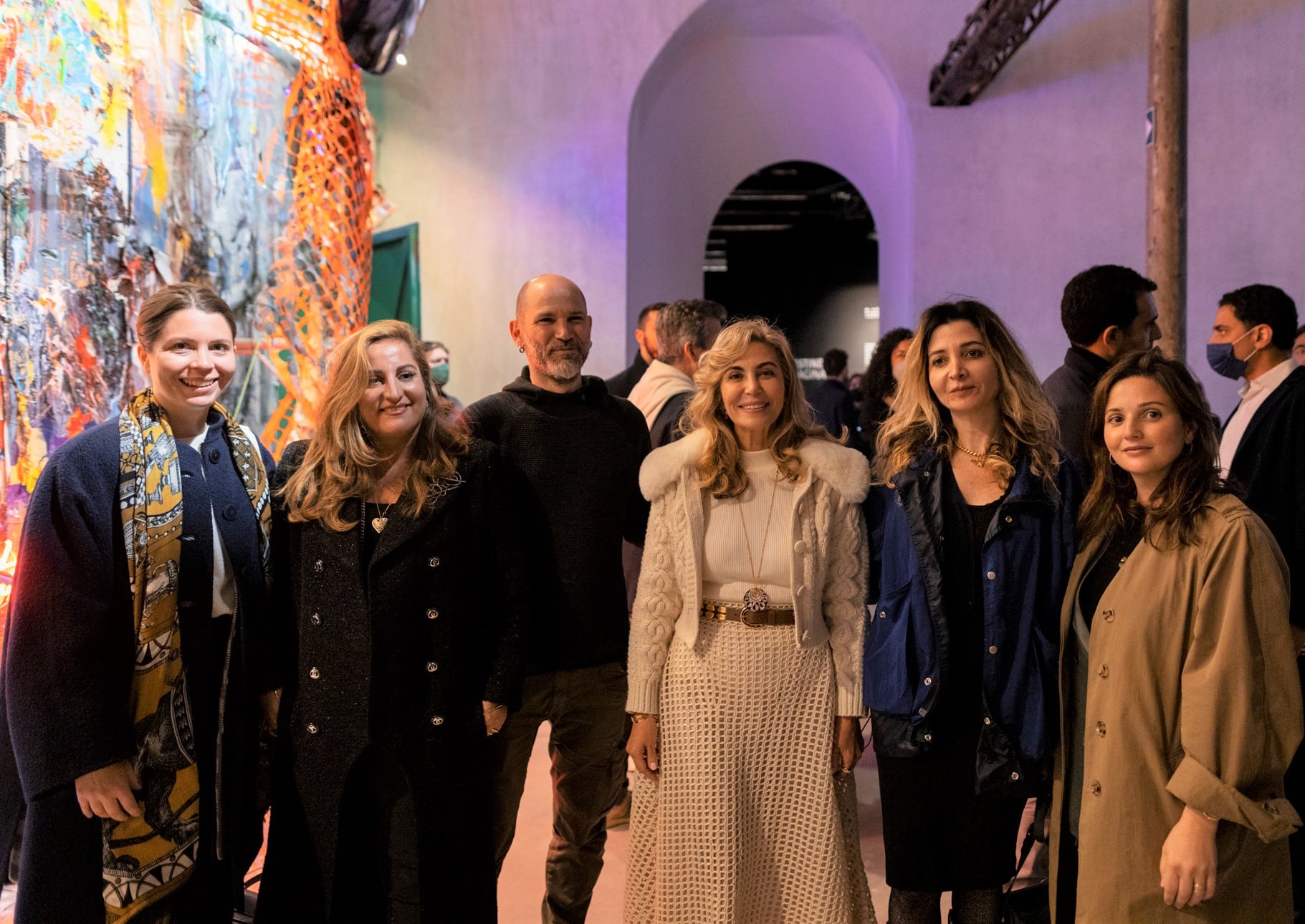 Photo: La directrice de Culture in Architecture Laetitia Wertheim, l’architecte et fondatrice de Culture in Architecture Aline Asmar d'Amman, le plasticien Ayman Baalbaki, la conservatrice du Patrimoine et commissaire du Pavillon Nada Ghandour, la cinéaste et vidéaste Danielle Arbid et la curatrice adjointe Dina Bizri. Photo by Federico Vespignani © LVAA