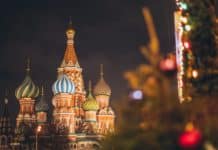 saint basil cathedral on red square at new year night