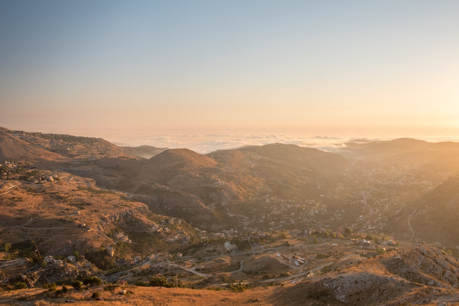 aerial photographer of mountains in faraya lebanon during sunset