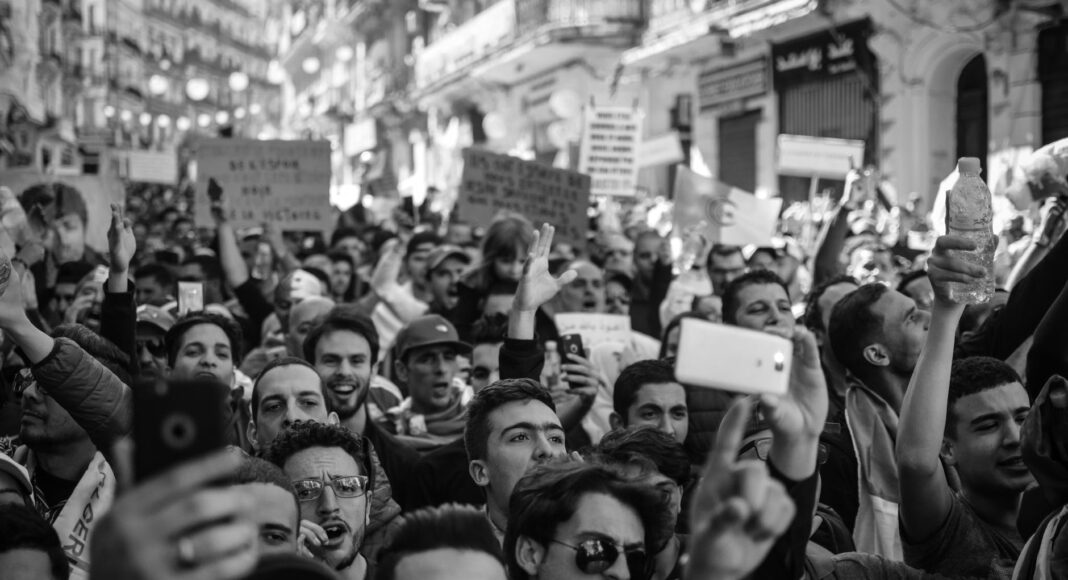 crowd of people black and white photo