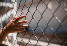 hand of crop person touching grid fence