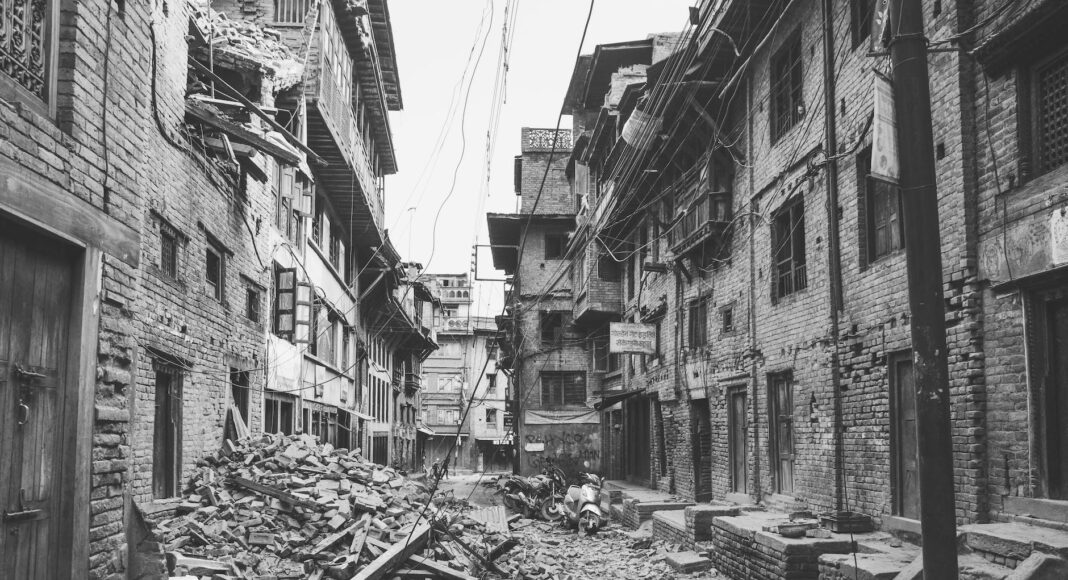 street of damaged buildings in a city