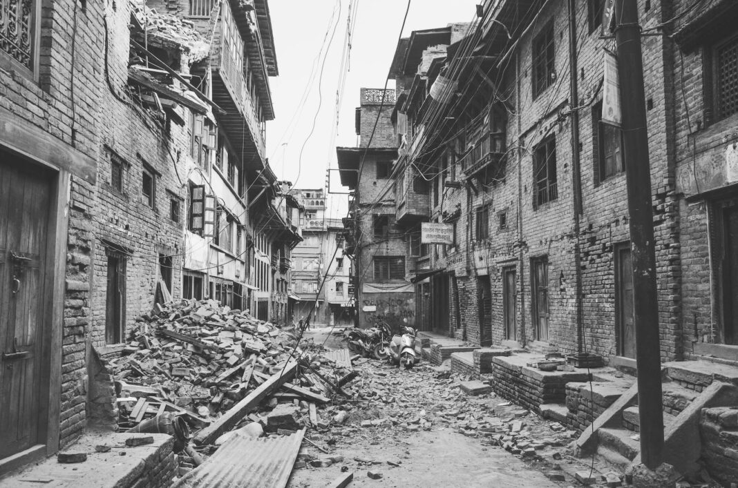 street of damaged buildings in a city