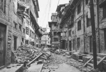 street of damaged buildings in a city