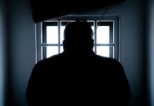rear view of a silhouette man in window