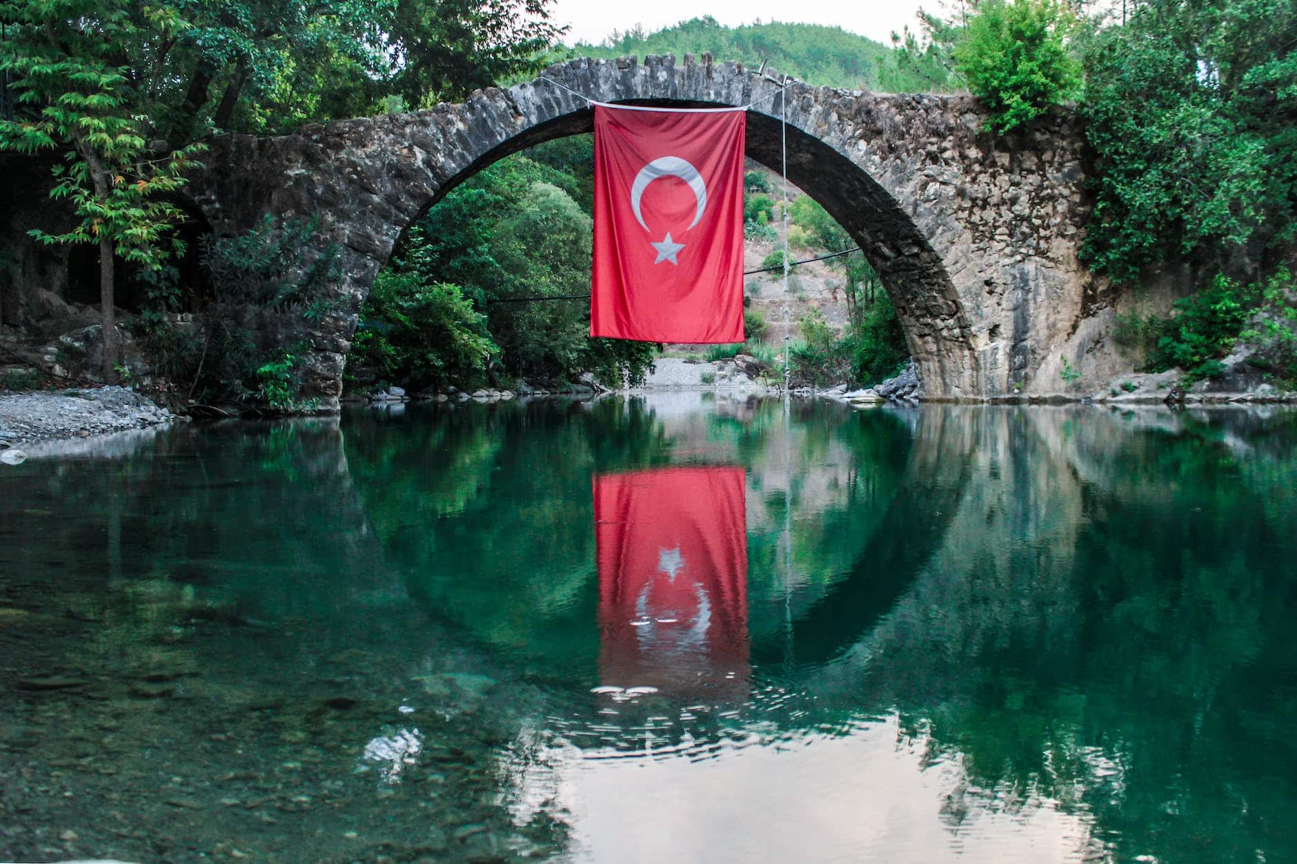 turkey flag hanging on bridge