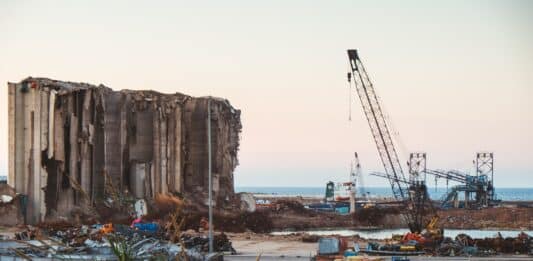 destroyed buildings in an urban area
