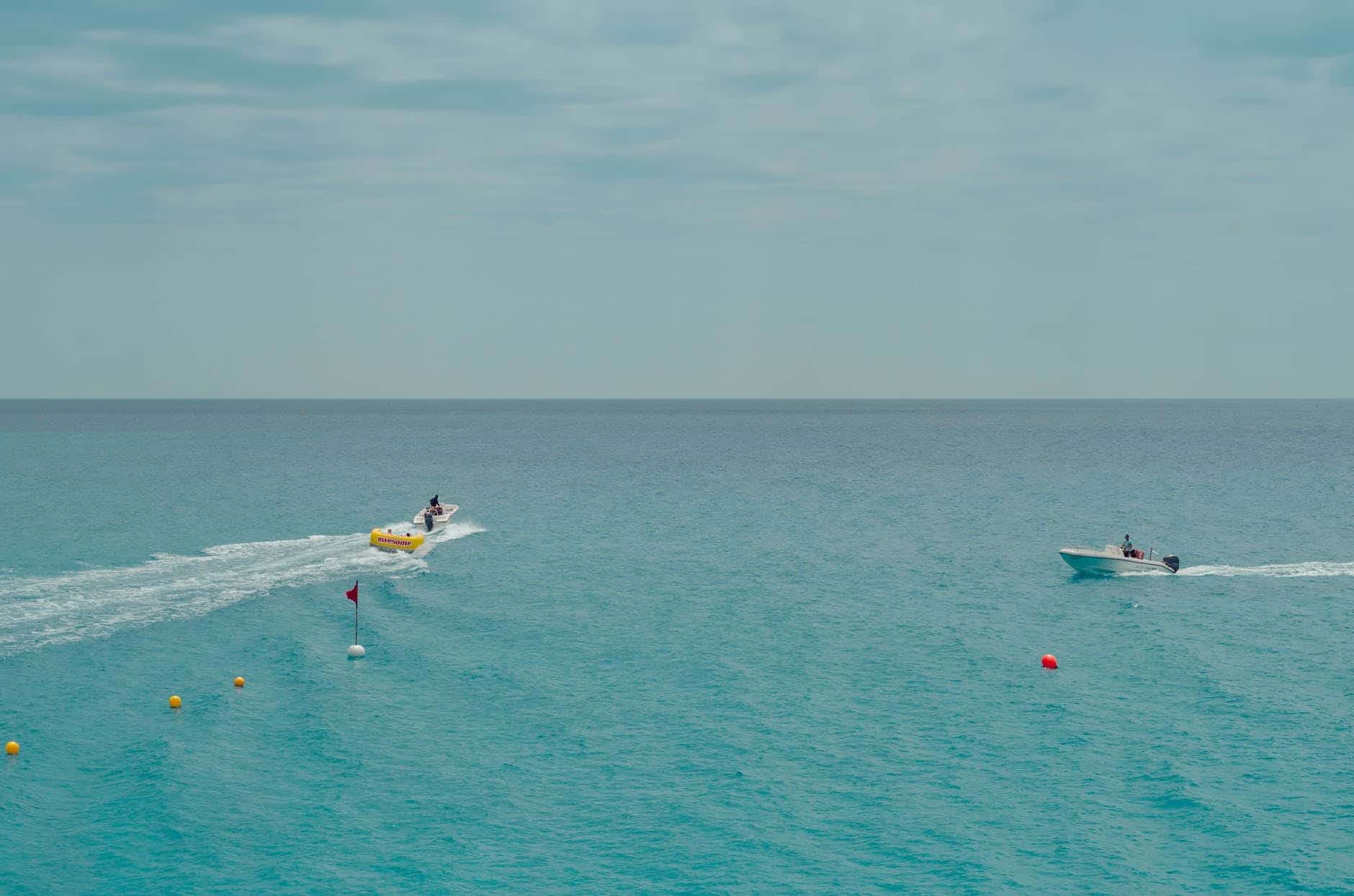 two people rides watercrafts on body of water under clear blue sky