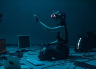 Persistance de l’humain ? a woman in a tank top using a vr headset