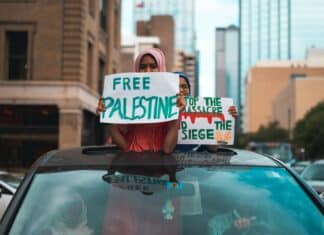 women on protest holding sigh free palestine