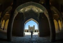 fisheye shot of a person inside a building with columns and ornate ceiling