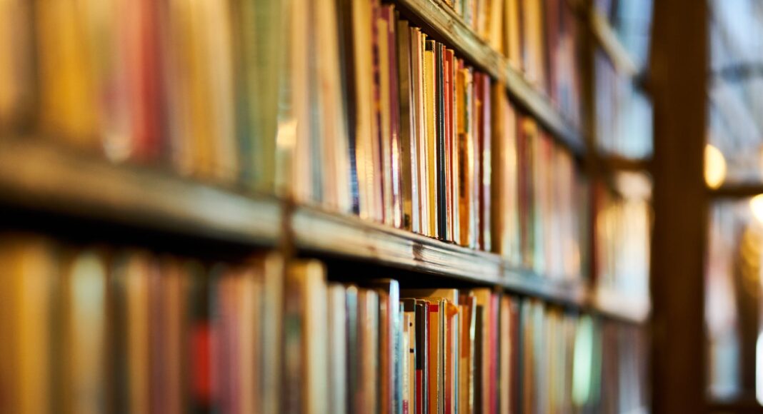 selective focus photography of brown wooden book shelf
