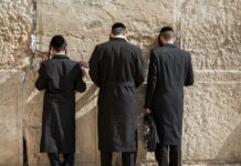 anonymous religious hasidim jews during pray near western wall