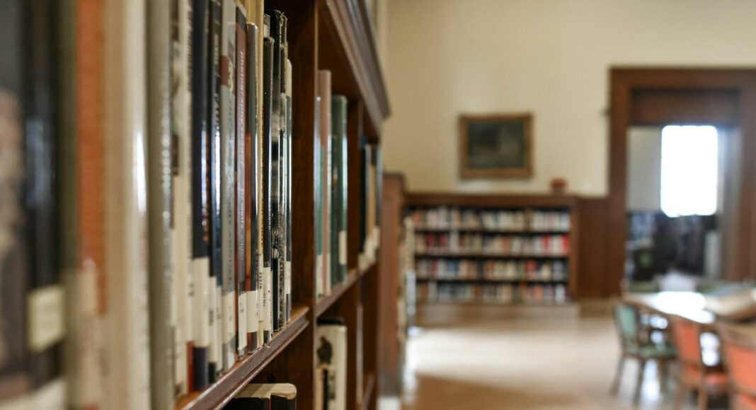 selective focus photography of bookshelf with books