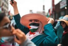 a person with a brown hat wearing palestine flag mask