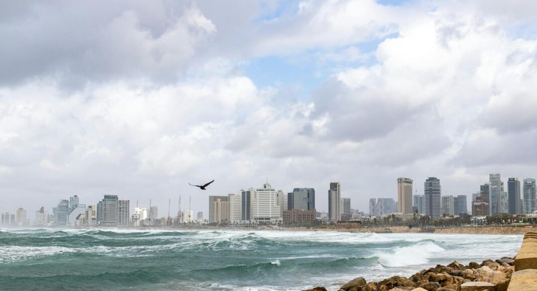 aviv beach with the view of skyscrapers tel aviv israel