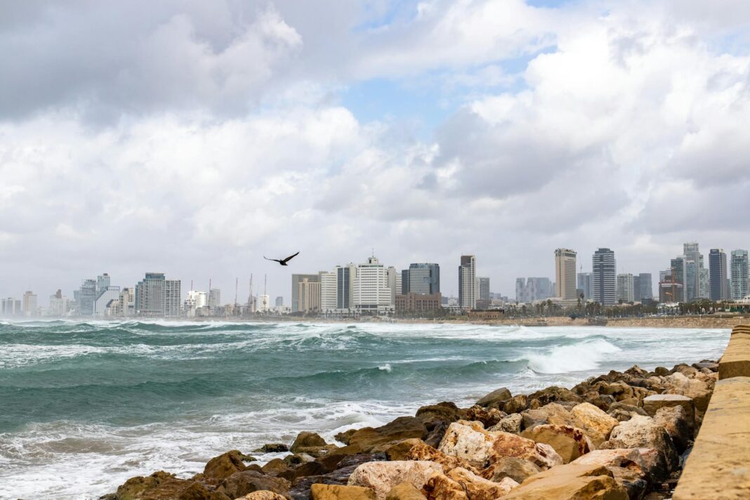 aviv beach with the view of skyscrapers tel aviv israel