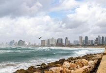 aviv beach with the view of skyscrapers tel aviv israel