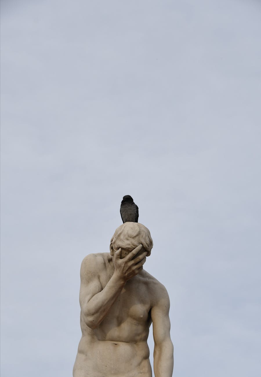 bird on the sculpture of a distraught cain in paris tuileries garden