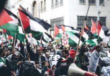 crowd of protesters with palestinian flags