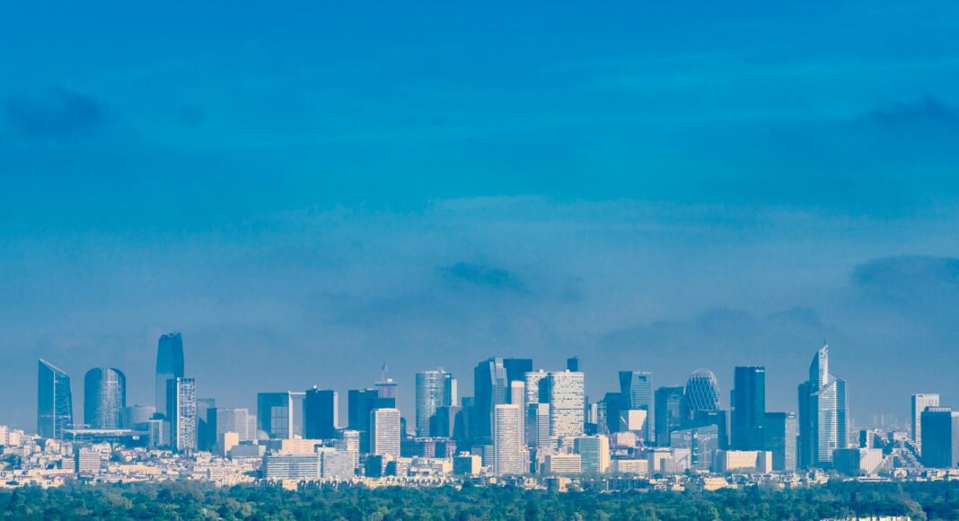 skyscrapers of paris financial center from above the residential area