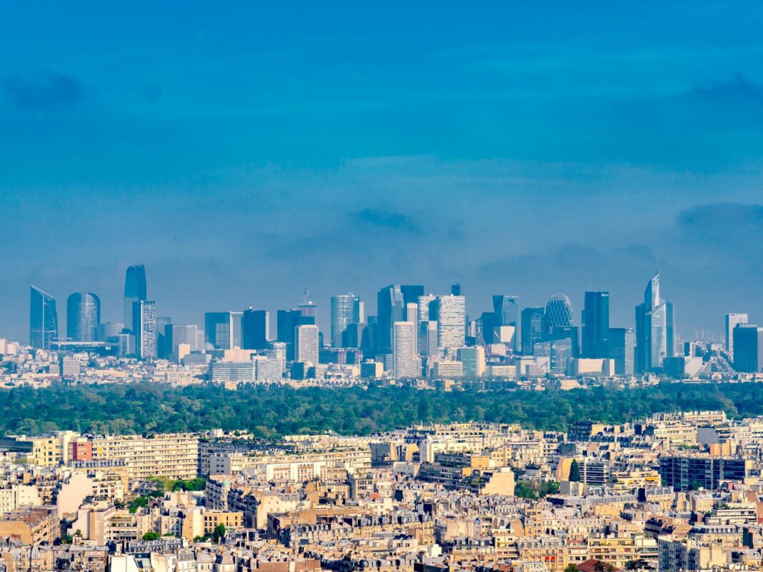 skyscrapers of paris financial center from above the residential area