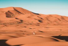 person in white shirt walking on desert