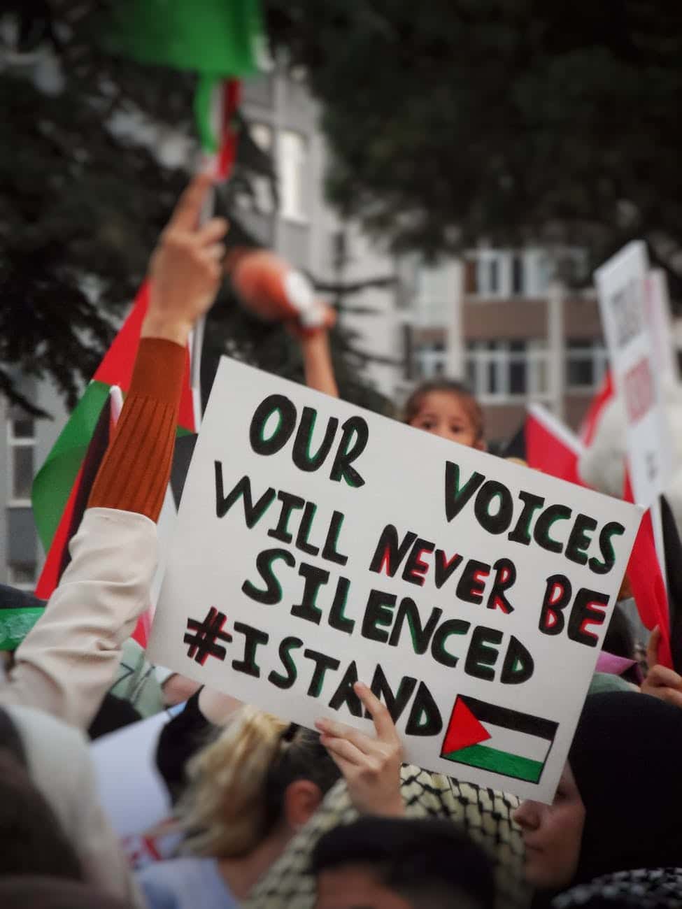 anti war banner at protest about palestine