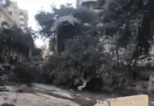 The effects of the raids that targeted the vicinity of Bahman Hospital in Haret Hreik in the southern suburbs of Beirut this morning