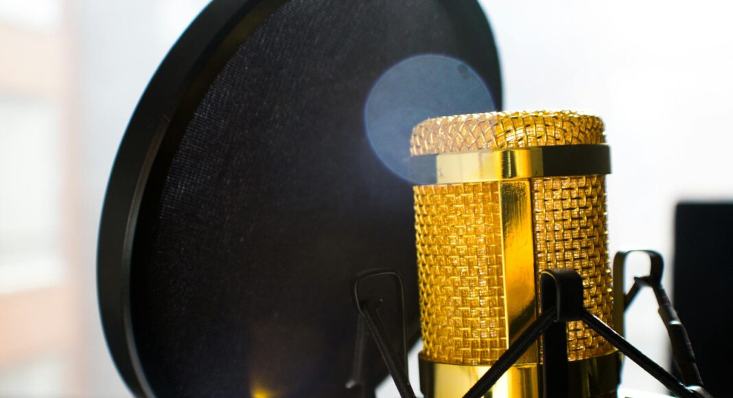 close up photo of gold colored and black condenser microphone