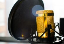 close up photo of gold colored and black condenser microphone