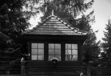 grayscale photography of house