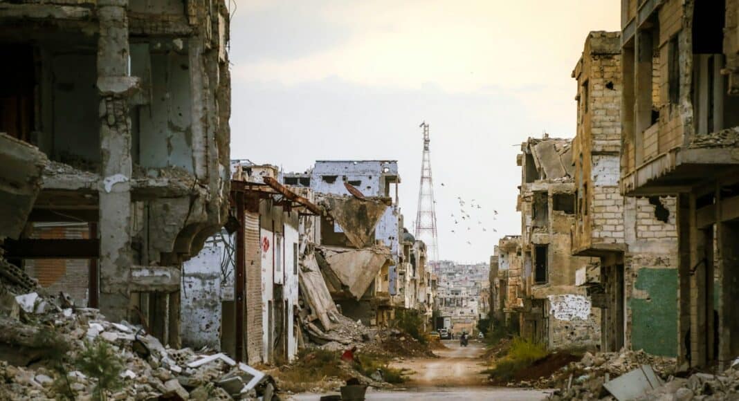 a destroyed building in a city