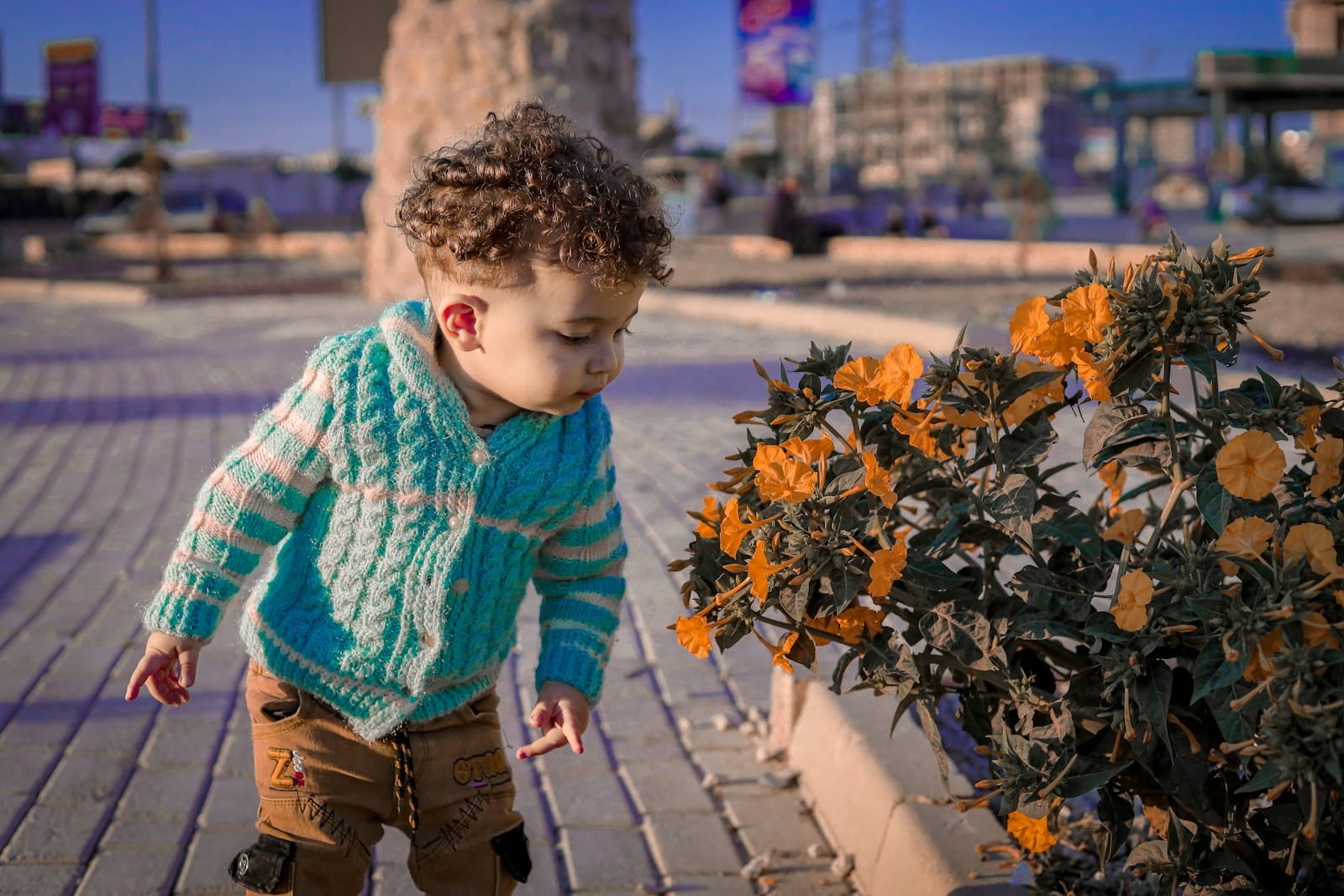 A small child is playing with a flower pot