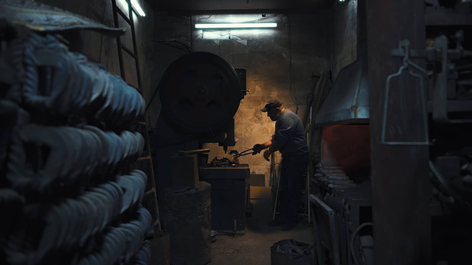 A man is working in a dark room