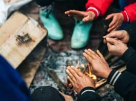 A group of people sitting around a fire