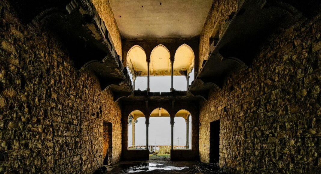 brown and black brick hallway