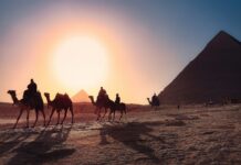 five persons riding camels walking on sand beside Pyramid of Egypt