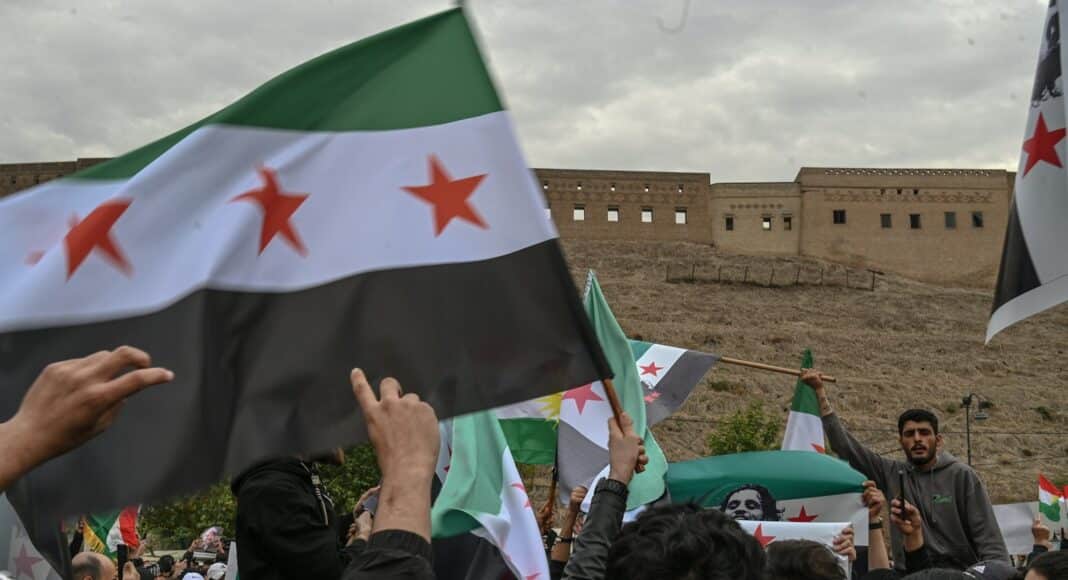 A group of people holding flags in front of a building