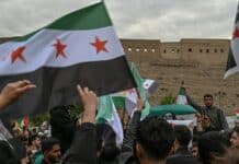 A group of people holding flags in front of a building