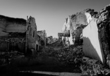 grayscale photo of concrete houses