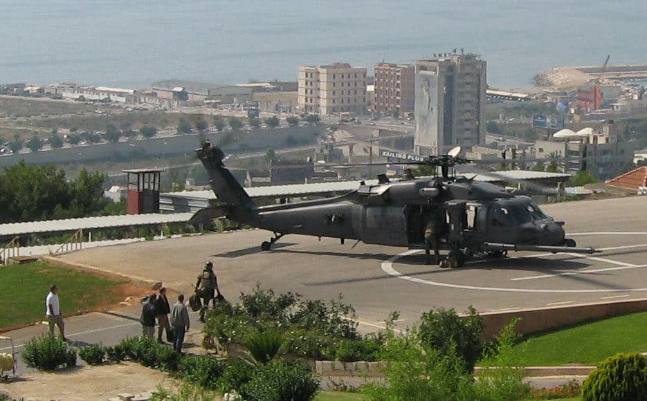 BEIRUT — U.S Air Force airmen load a U.S Air Force HH-60G Pave Hawk helicopter before take-off at the U.S. Embassy in here May 19, 2008. The Air Force's 56th Rescue Squadron and the U.S. Navy's Joint Maritime Ashore Support Team and Task Force 362 deployed to Royal Air Force Cyprus early last week to provide potential re-supply support to the U.S. Embassy in Beirut if requested. Date 19 May 2008 Source http://www.lakenheath.af.mil/news/story.asp?id=123099957 Author Department of Defense photo by Air Force Lt. Col. Neil Eisen