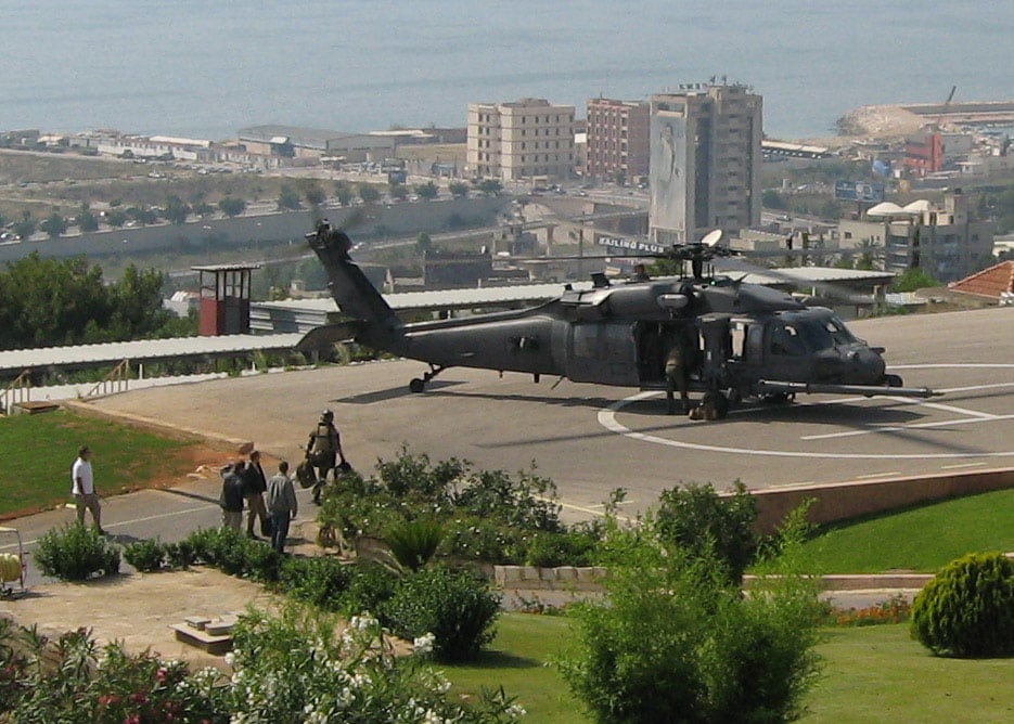 BEIRUT — U.S Air Force airmen load a U.S Air Force HH-60G Pave Hawk helicopter before take-off at the U.S. Embassy in here May 19, 2008. The Air Force's 56th Rescue Squadron and the U.S. Navy's Joint Maritime Ashore Support Team and Task Force 362 deployed to Royal Air Force Cyprus early last week to provide potential re-supply support to the U.S. Embassy in Beirut if requested. Date 19 May 2008 Source http://www.lakenheath.af.mil/news/story.asp?id=123099957 Author Department of Defense photo by Air Force Lt. Col. Neil Eisen