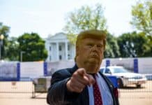 Edito: Donald Trump, un programme face à la réalité politique man wearing Donald Trump mask standing in front of White House