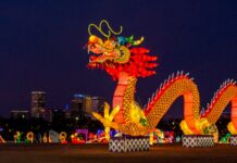 people walking on street with dragon statue during night time