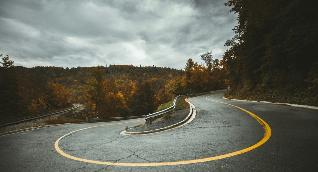 aerial view of highway near trees