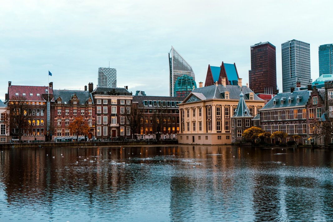 a large body of water surrounded by tall buildings