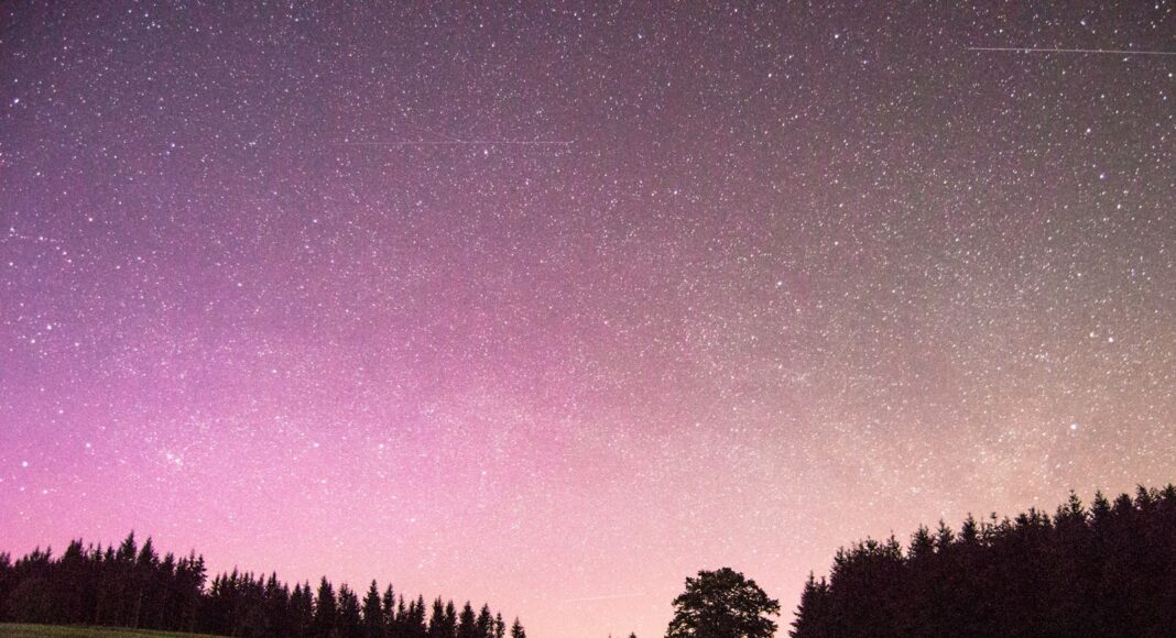 a road going through a lush green field under a purple sky